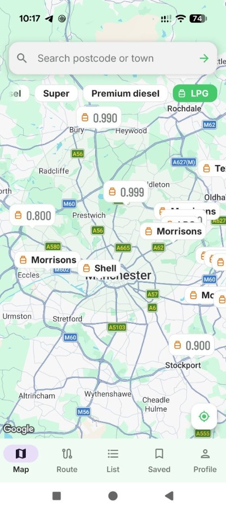 Map view showing LPG (Autogas) fuel prices and station locations