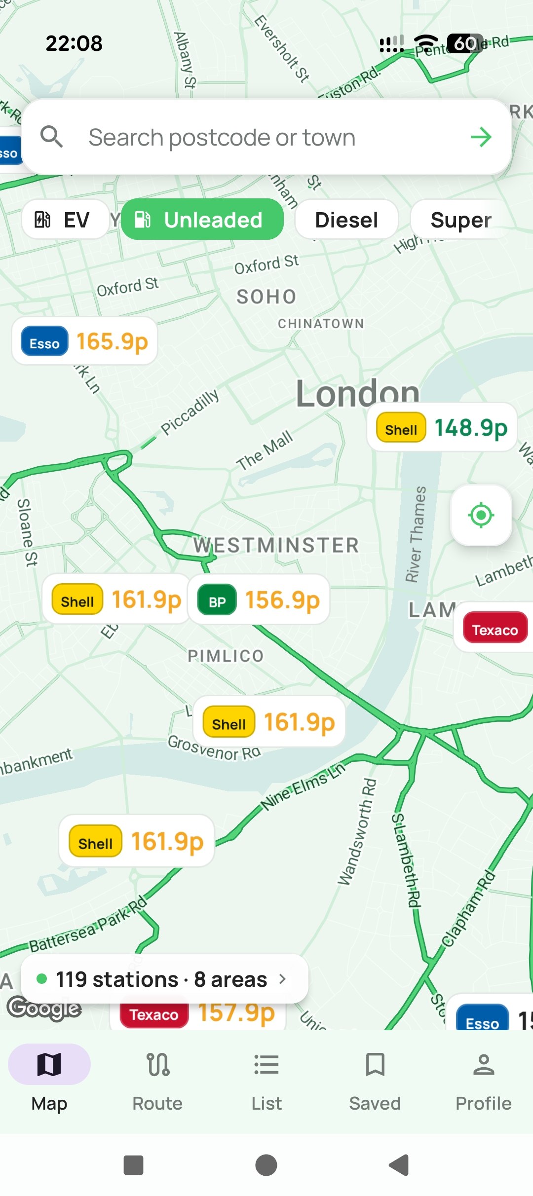FuelScout Map View showing fuel prices