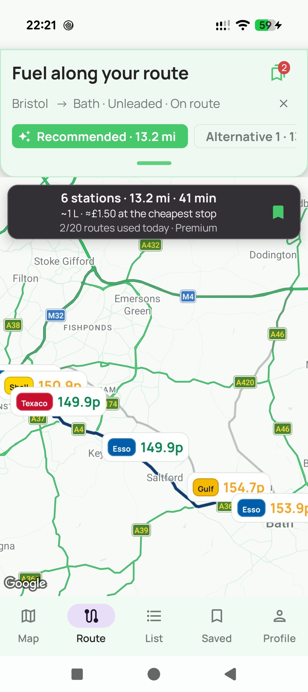 Route planner showing fuel stops along your route