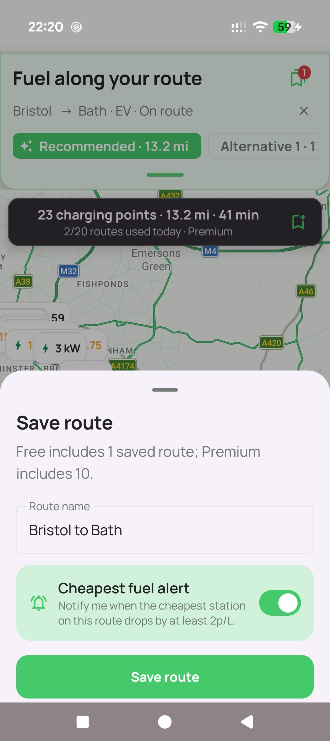 Save route options and price alerts dialogue